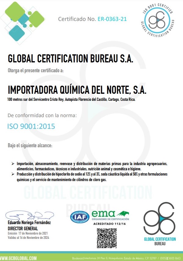 Cetificado ISO 9001:2015, Sistema de Gestión de Calidad. Importadora Quimica del Norte